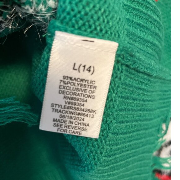 Girls Green Distressed Sweater – Dog Face Pattern w Jingle Bells – Size L - Picture 4 of 5